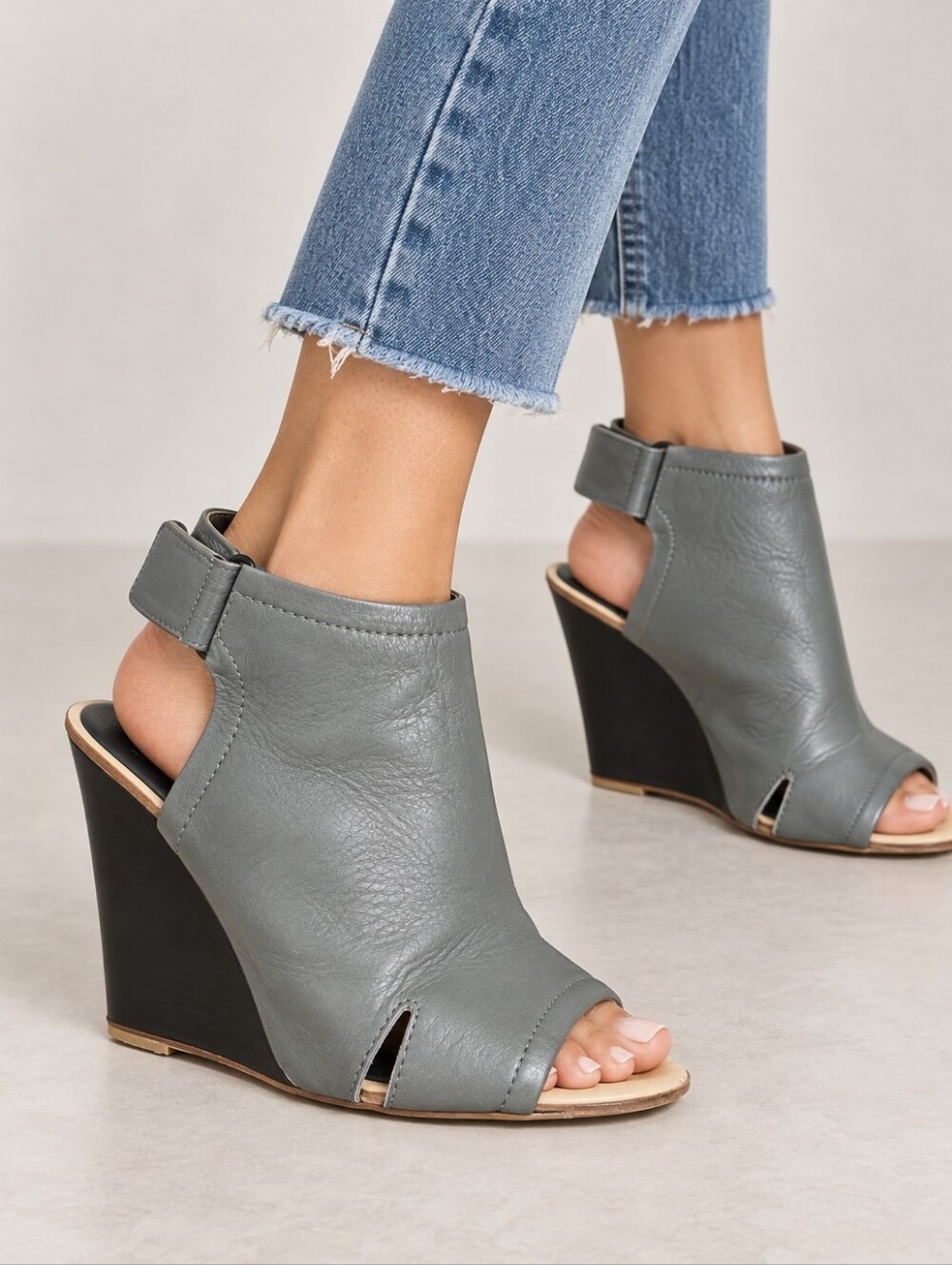 rag & bone Gray Leather Open Toe Wedge Sandals Booties Wedges 39.5 Made in Italy